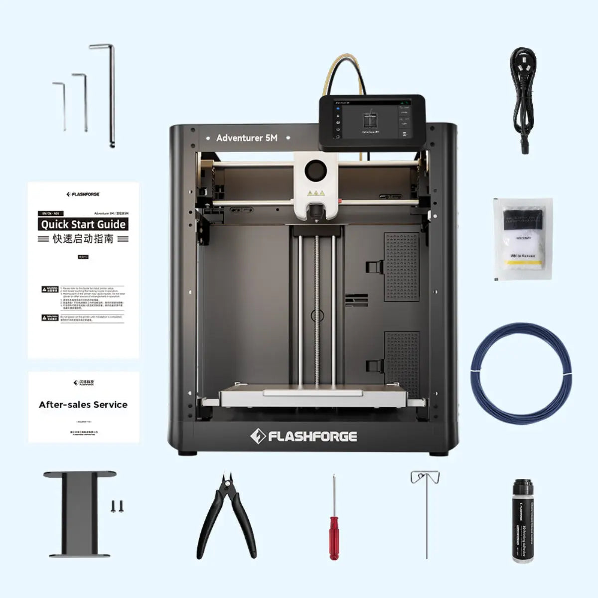 Contents of FlashForge Adventurer 5M box: 3D printer, PEI sheet, 0.4mm nozzle, and toolkit, tools
What's in the Box!