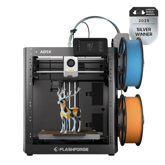 FlashForge AD5X 3D Printer with CoreXY motion system and 4-spool Intelligent Filament System showing multicoloured print on the bed and 4 spools attached to the side