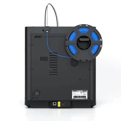 FlashForge Adventurer 5M 3D Printer open frame, back of machine with a blue pla spool attached
