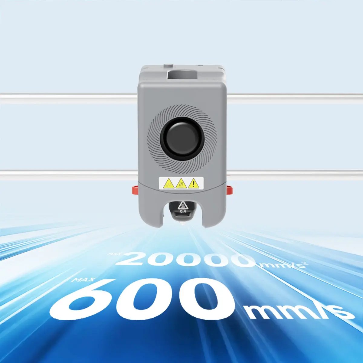 Close-up of the Adventurer 5M print head moving at 600mm/s CoreXY speed