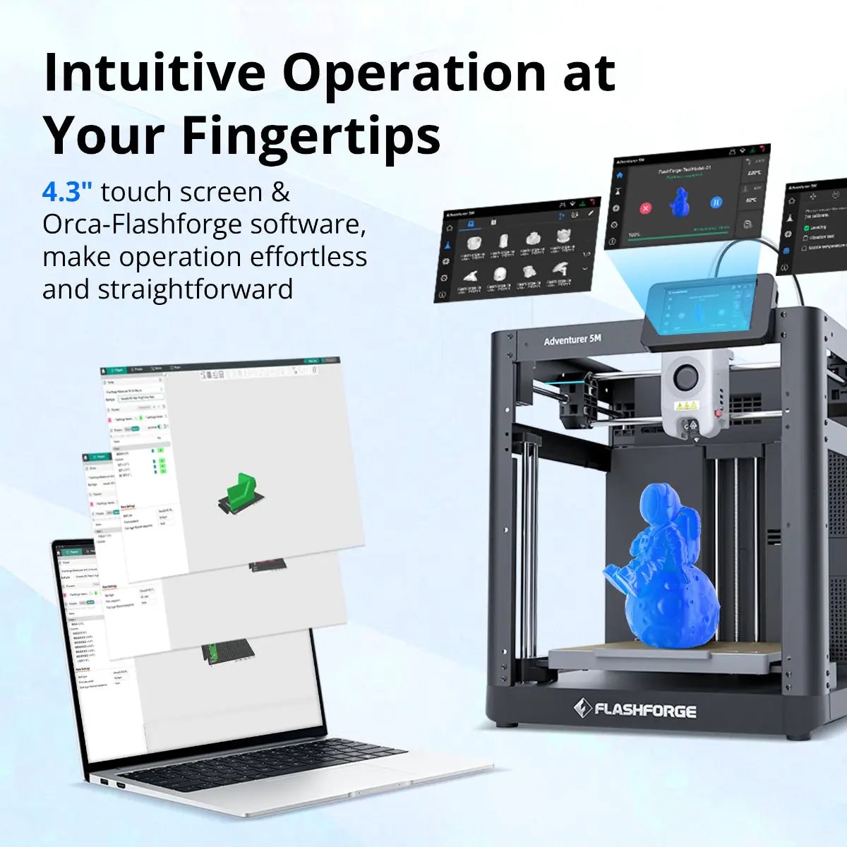 FlashForge Adventurer 5M 3D Printer open frame with PEI bed and CoreXY gantry can connect via slicer or use touche screen