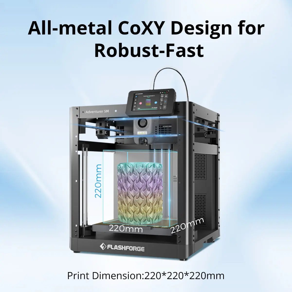 FlashForge Adventurer 5M successfully printing PLA filament with the open frame design, 220mm x 220mm x 220mm  build volume