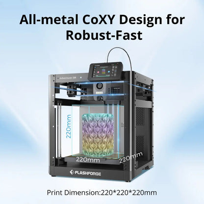 FlashForge Adventurer 5M successfully printing PLA filament with the open frame design, 220mm x 220mm x 220mm  build volume