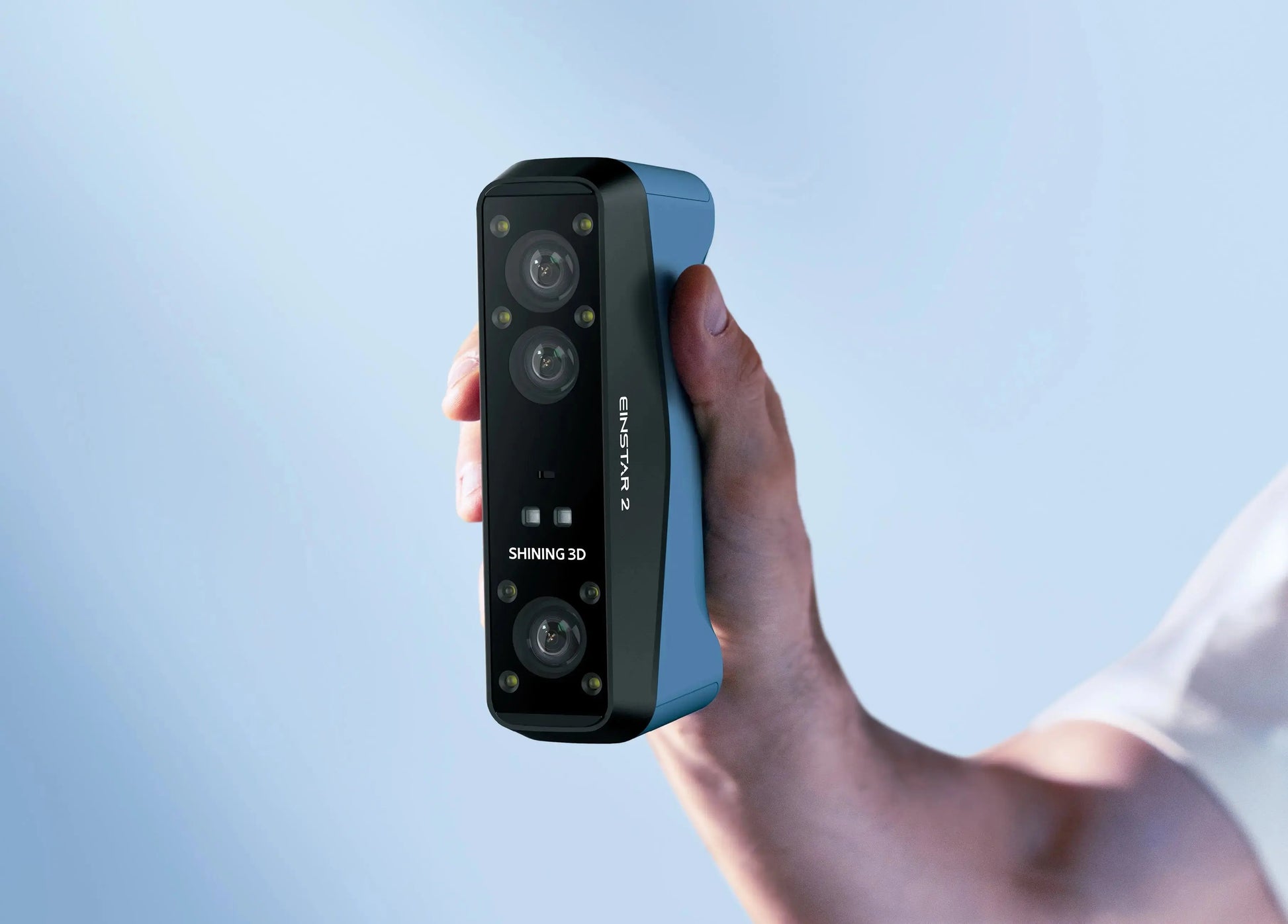 SHINING 3D Einstar 2 Handheld 3D Scanner product image being held in a hand to show scale